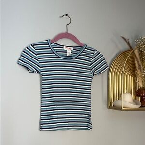 Full Tilt Blue, White & Black Striped Ribbed Crop Top